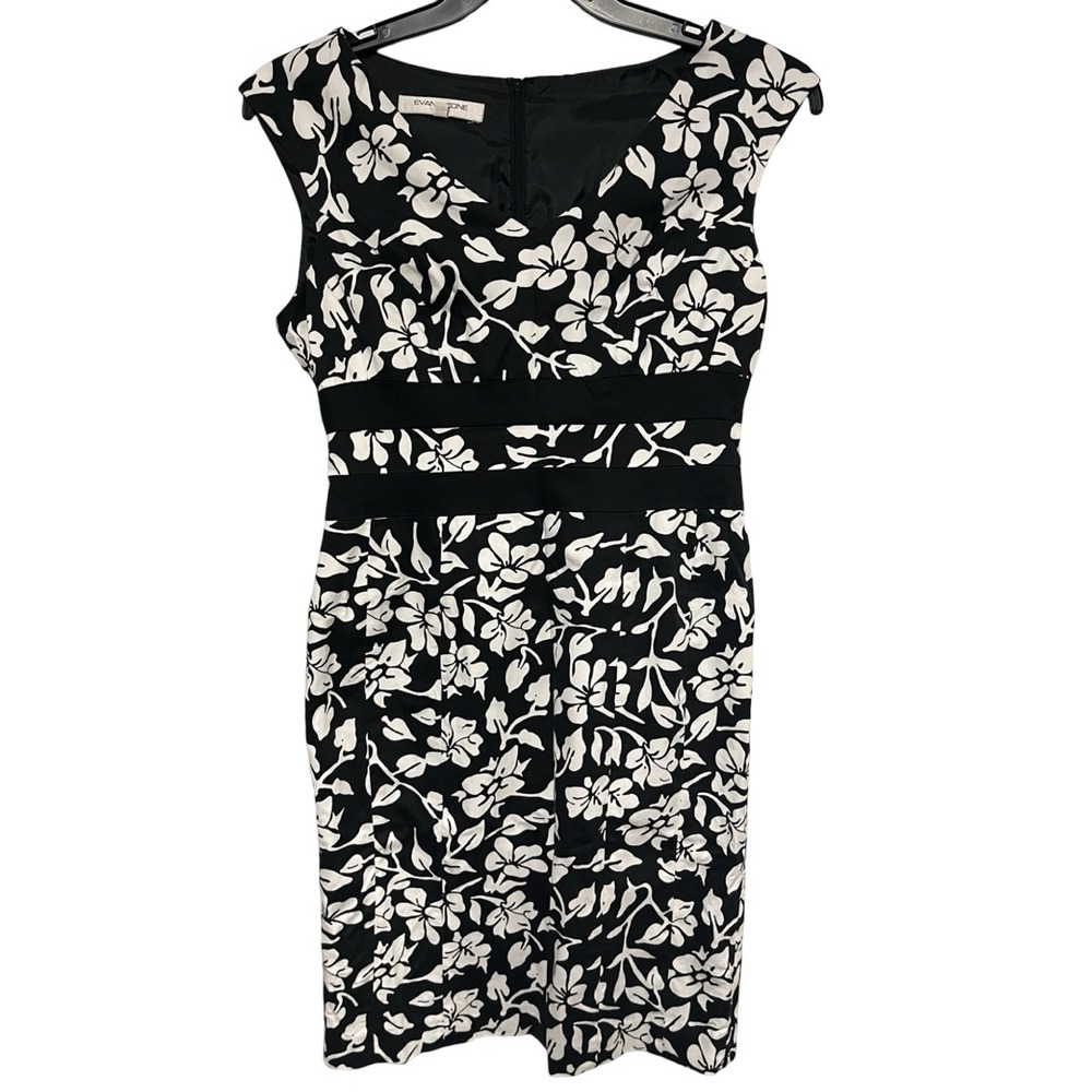 Evan-Picone Dress Womens‎ 8 Black White Floral Sheath Empire Waist Cotton Blend